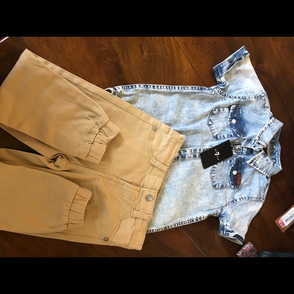 Boy 4T 7 For All Mankind denim shirt Khaki joggers - Picture 2 of 6